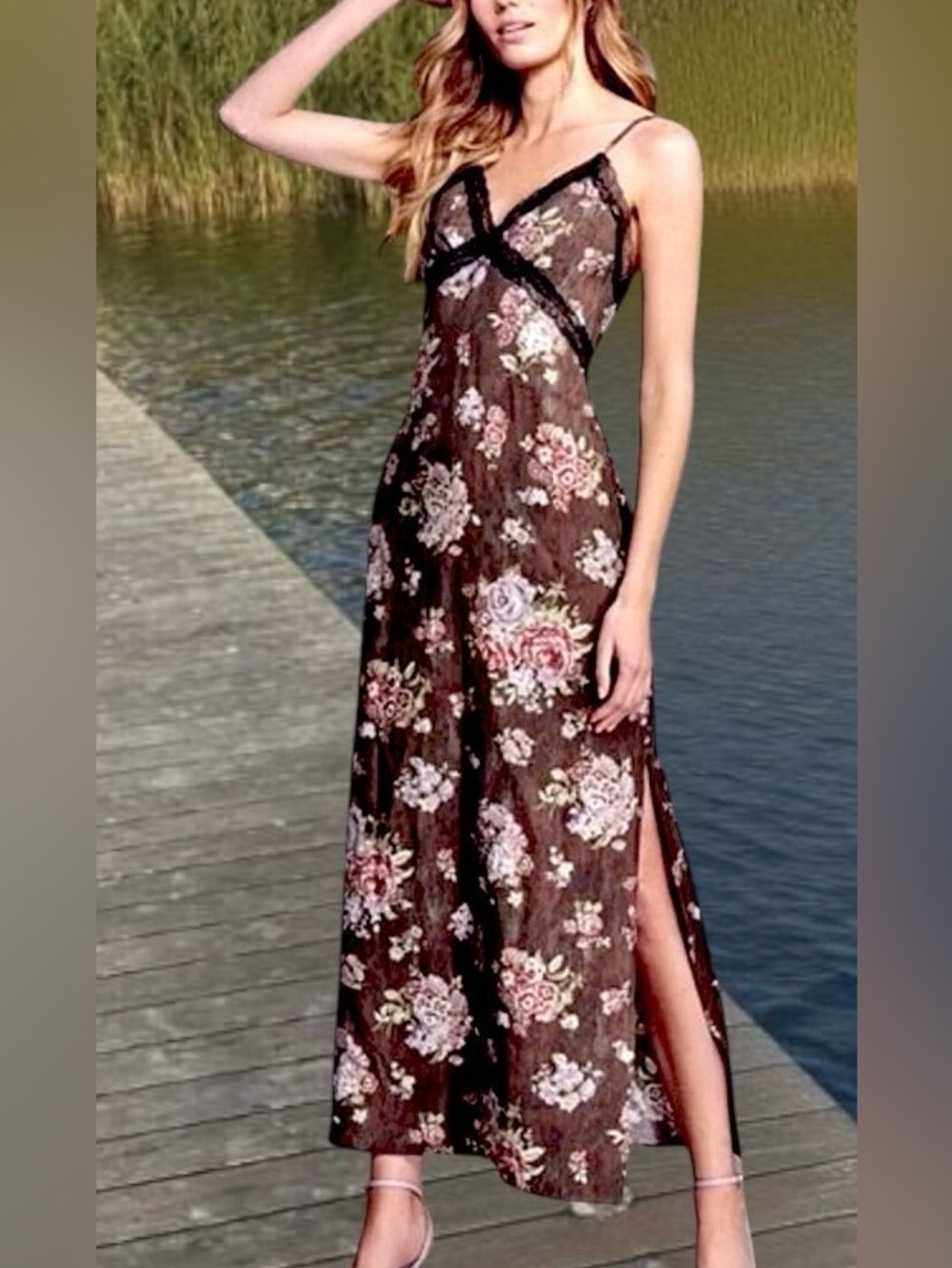 Brock Collection X H&M Brown Floral Lace Trim Maxi Slip Dress Size S